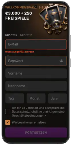 CrownGold login Schritt 1 ausfullen